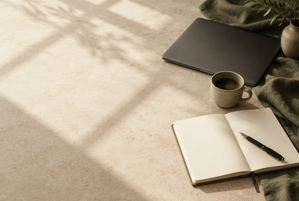 An open blank notebook beside a coffee cup and laptop