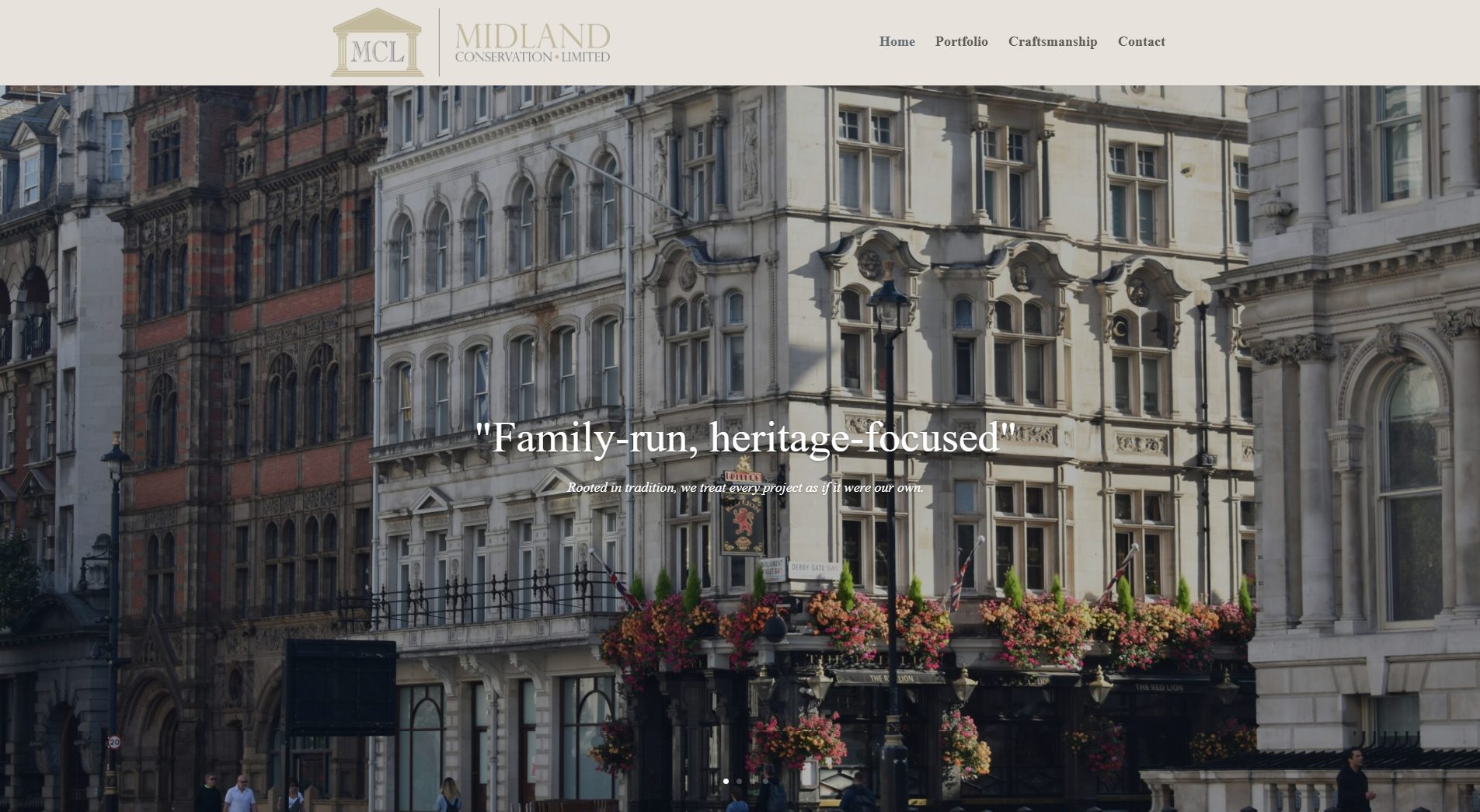 Midland Conservation homepage with its heritage building photography and family-run, heritage-focused heading